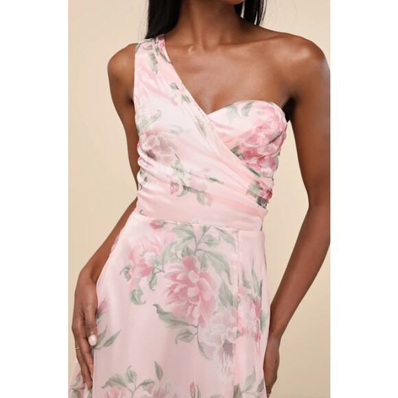Lulus Truly Extraordinary Pink Floral One Shoulder Maxi Dress Formal Gown - Picture 3 of 9